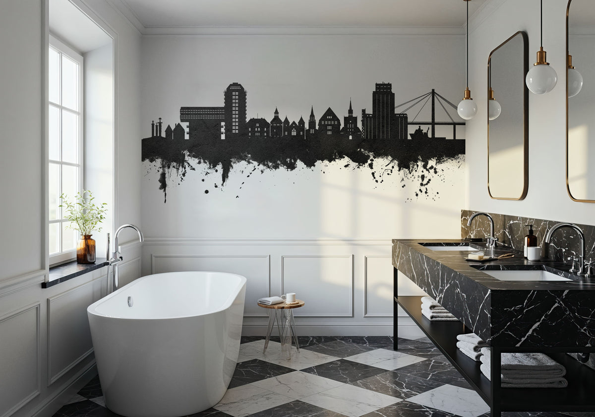 Stavanger Norway Skyline Black & White Mural Wallpaper - room preview 06