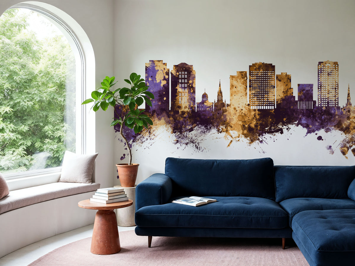 Norfolk Virginia Skyline Purple & Gold Mural Wallpaper - room preview 06