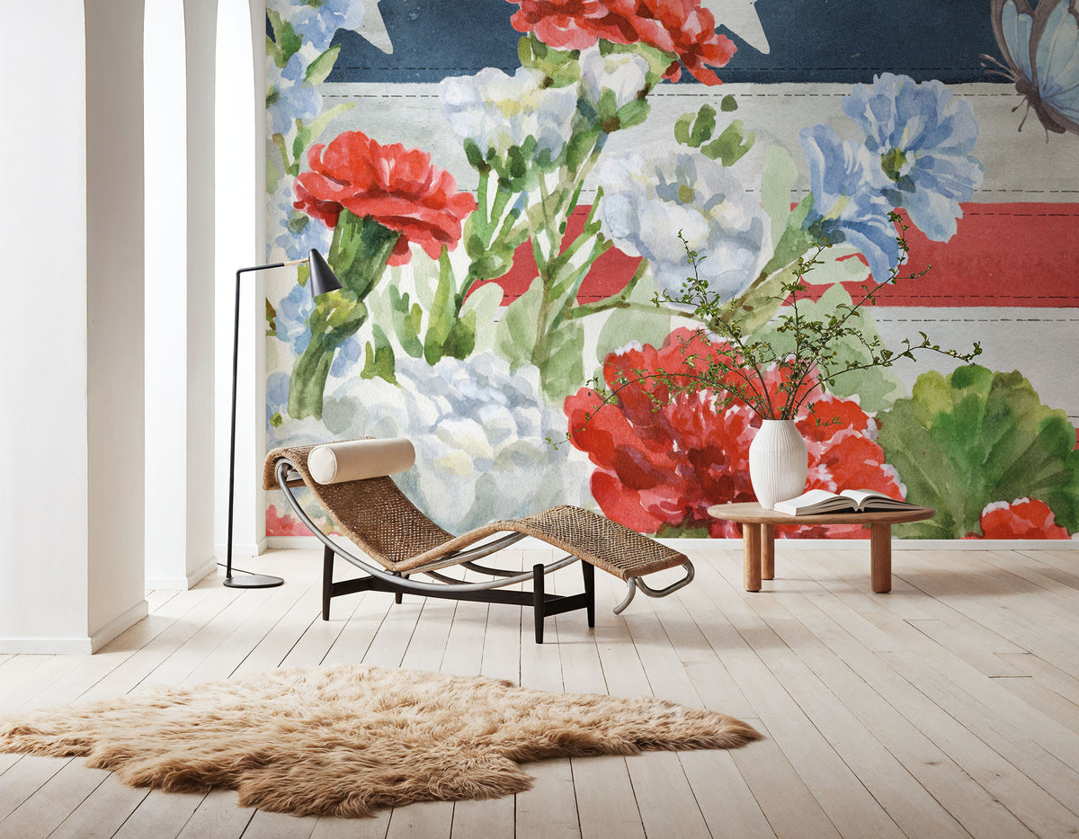 Red White and Blue Floral VI Mural Wallpaper - room preview 06