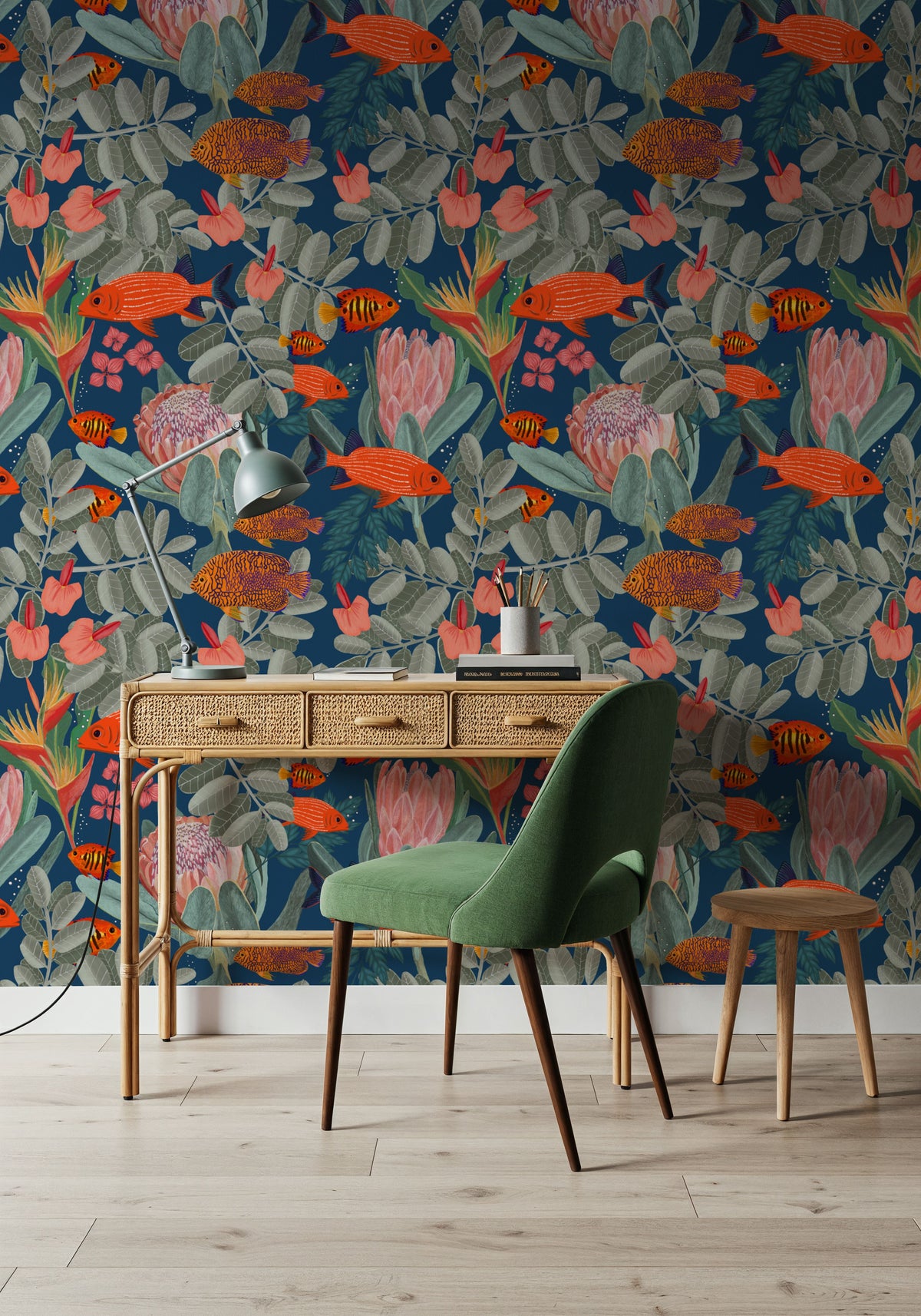 Orange Fish & Proteas Mural Wallpaper - room preview 06