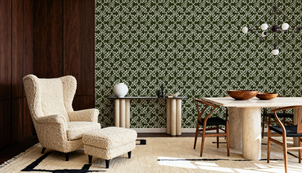 Trellis Leaves, Forest Green Mural Wallpaper - room preview 06