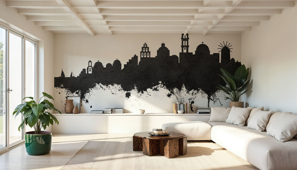 Santorini Skyline Black & White Mural Wallpaper - room preview 06