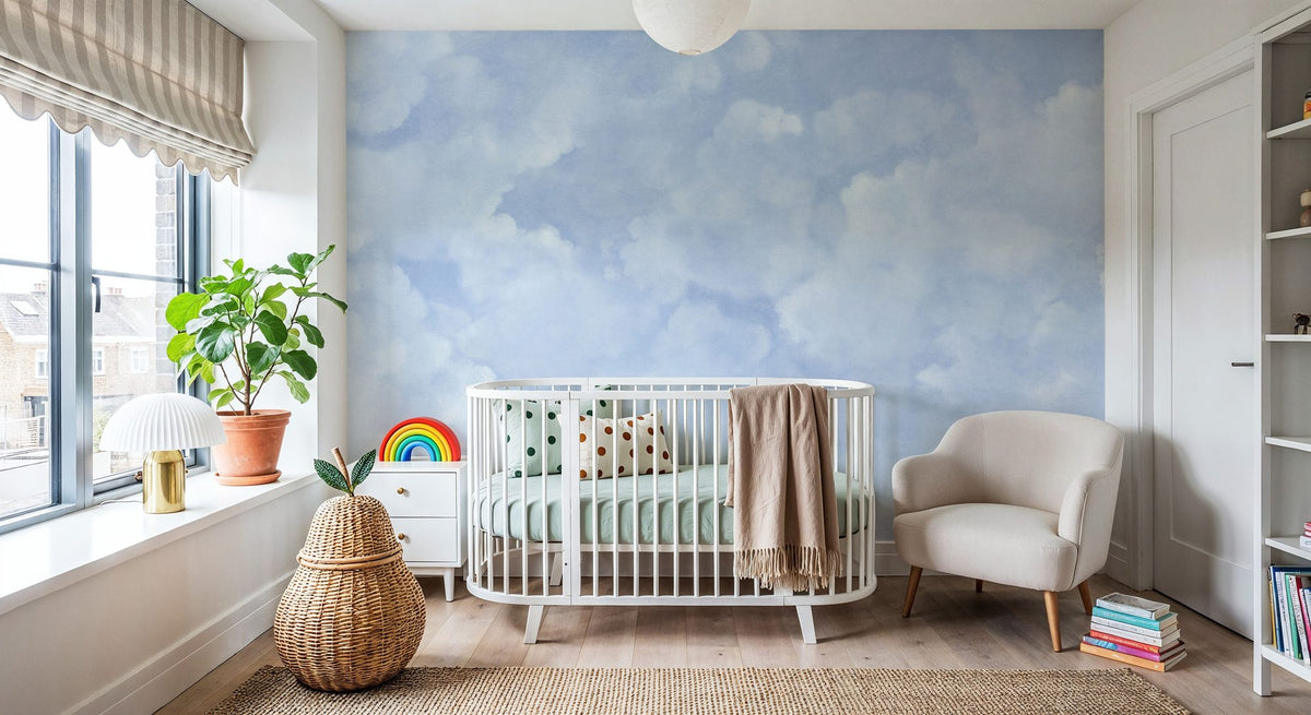 Painted Dreamy Clouds, Bright Blue Mural Wallpaper - room preview 06