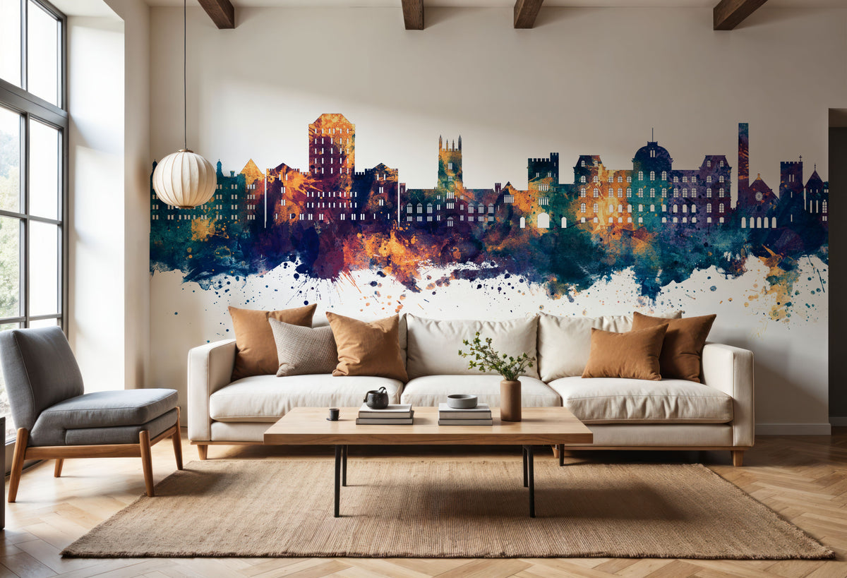 Poughkeepsie New York Skyline Blue & Bronze Mural Wallpaper - room preview 06