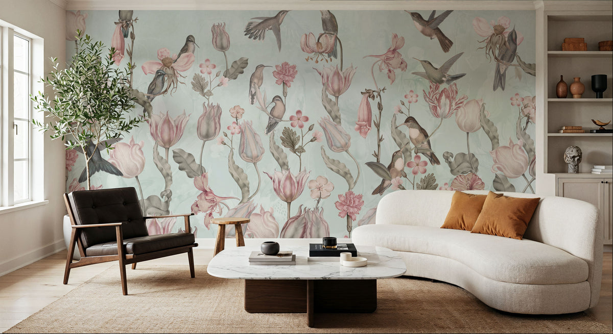 Tulips & Birds, Pistachio Mural Wallpaper - room preview 06