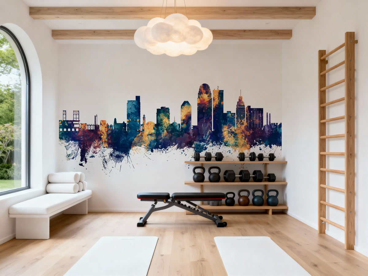 Winston-Salem North Carolina Skyline Blue & Bronze Mural Wallpaper - room preview 06