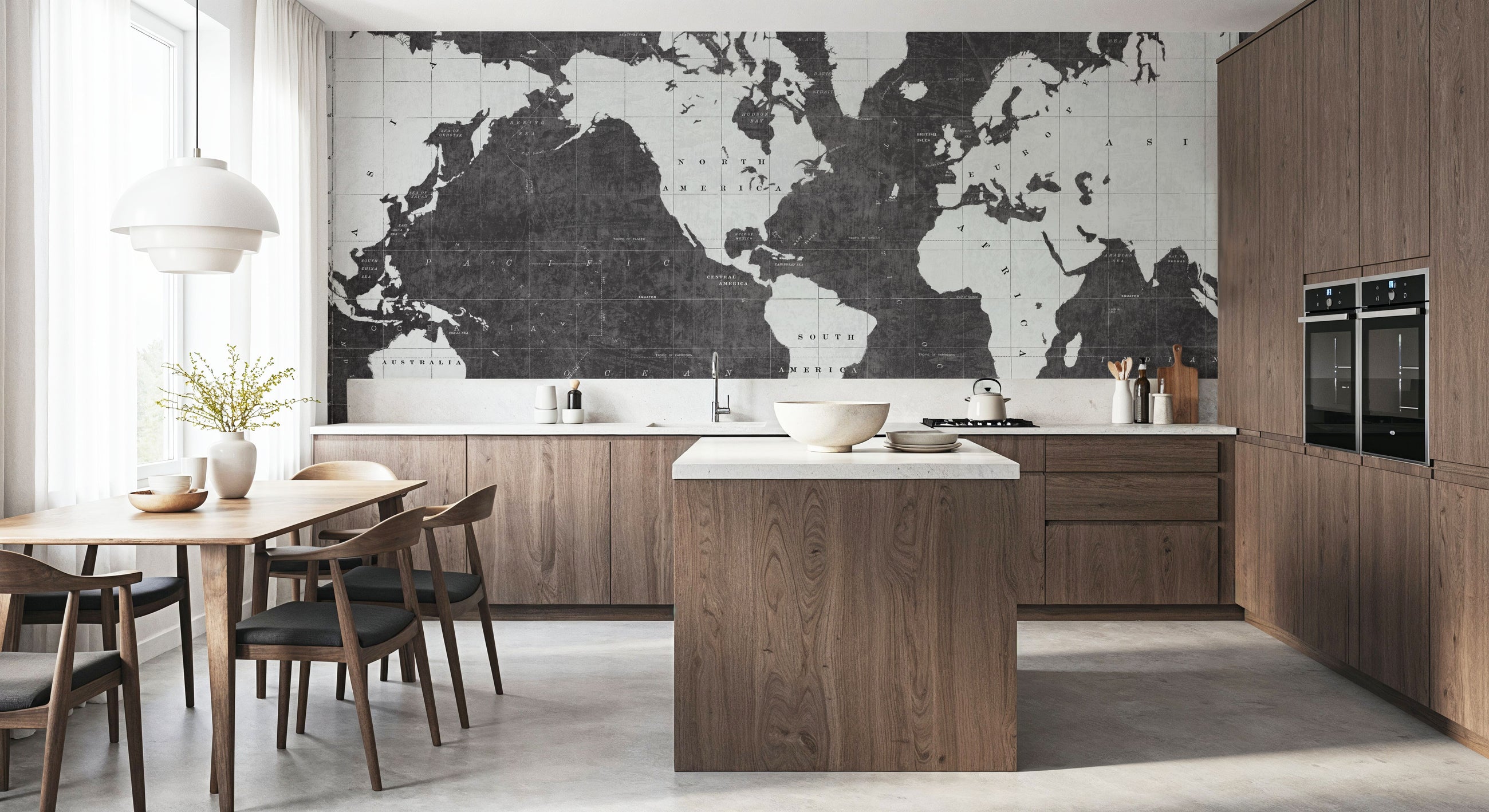 Blueprint World Map Gray Mural Wallpaper