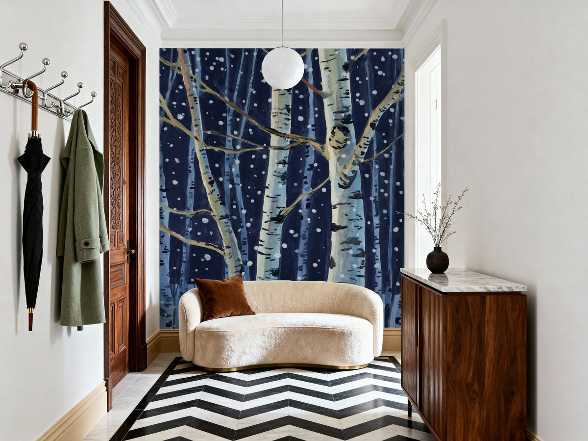 Snowy Birch Grove At Night Mural Wallpaper - room preview 06
