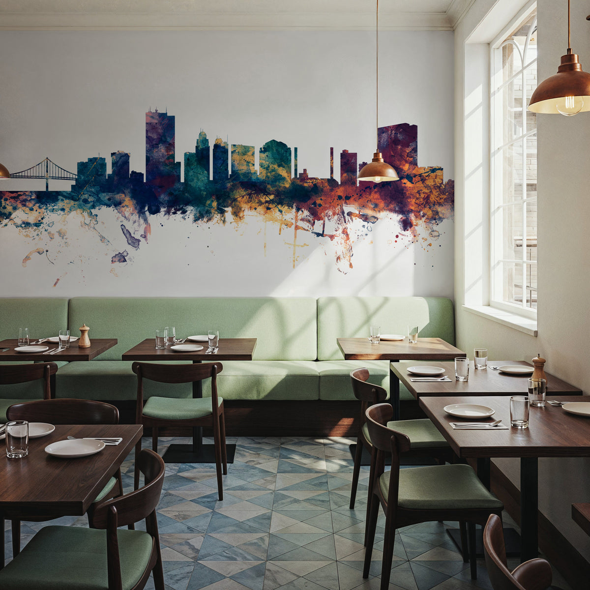 Toledo Ohio Skyline Blue & Bronze Mural Wallpaper - room preview 06