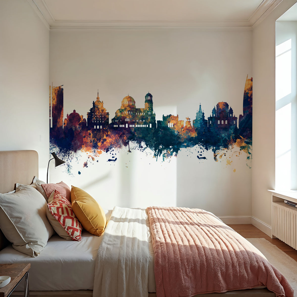 Sofia Bulgaria Skyline Blue & Bronze Mural Wallpaper - room preview 06
