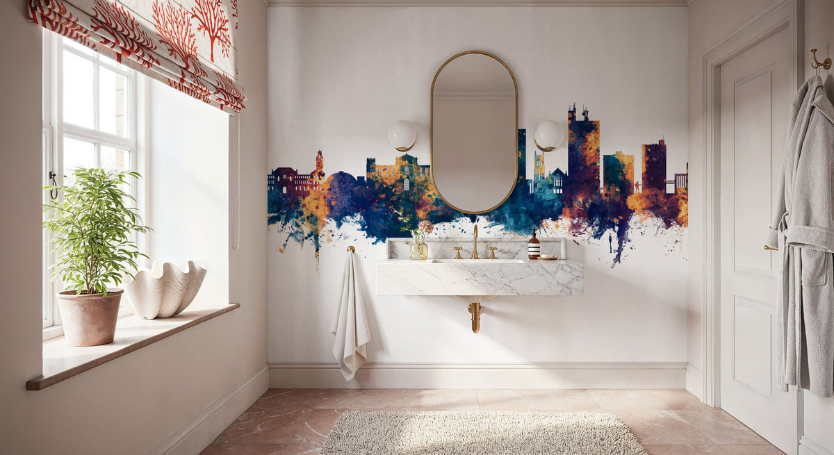 Lubbock Texas Skyline Blue & Bronze Mural Wallpaper - room preview 06