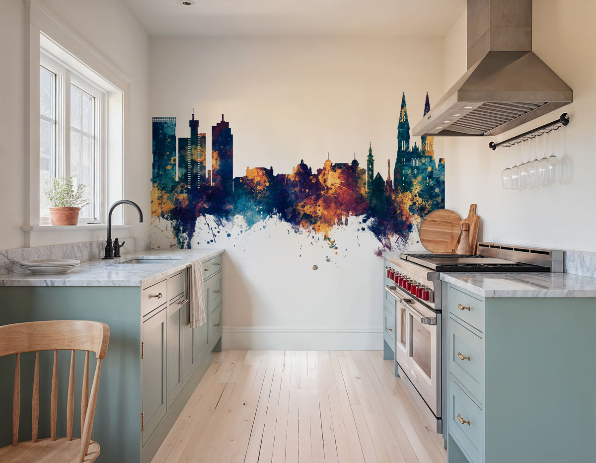 Zagreb Croatia Skyline Blue & Bronze Mural Wallpaper - room preview 06