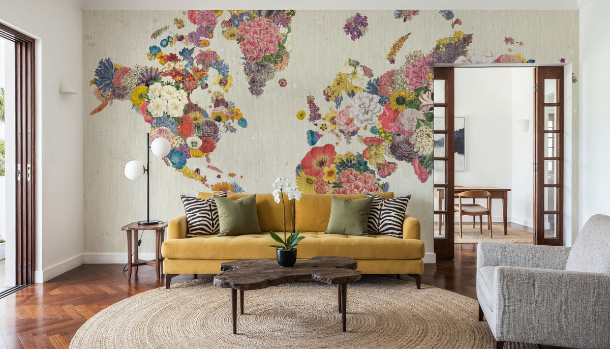 Botanical Floral Map Light Mural Wallpaper - room preview 06
