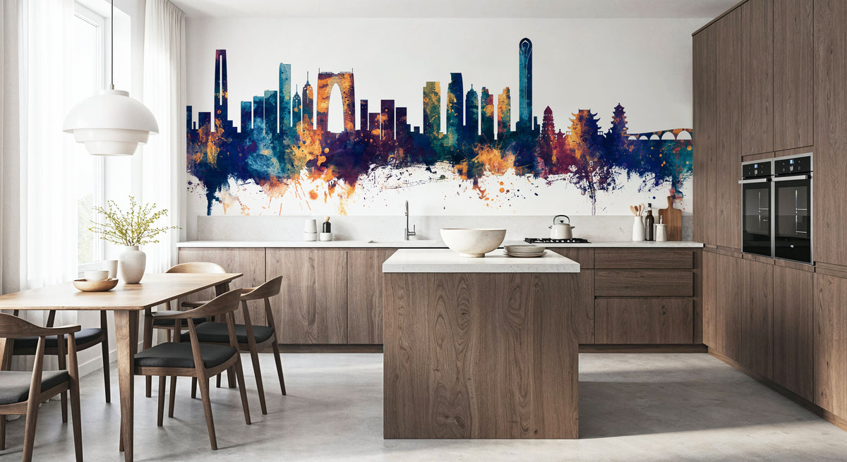 Suzhou China Skyline Blue & Bronze Mural Wallpaper - room preview 06