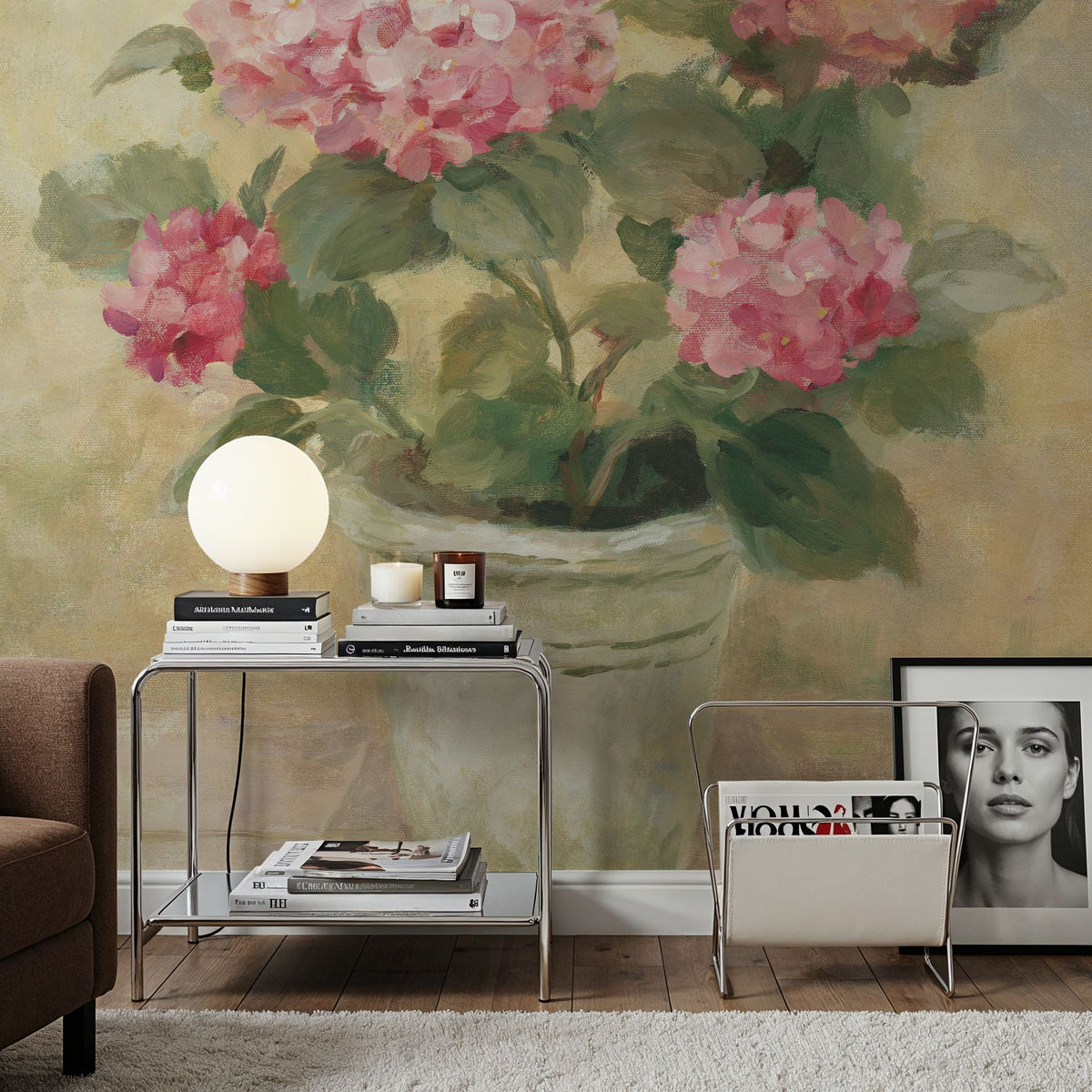 Pot of Pink Hydrangea Mural Wallpaper - room preview 06