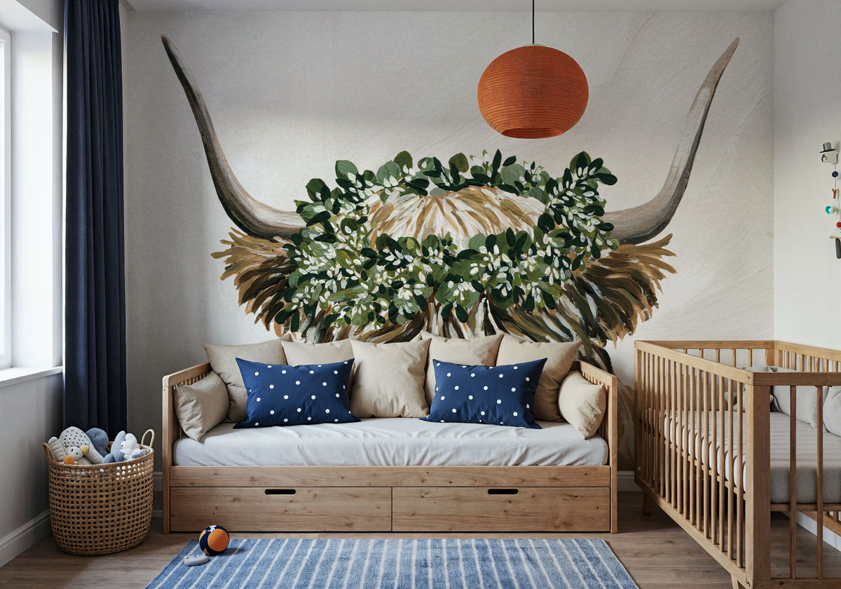 Harvest Cow Sage Texture Light Mural Wallpaper - room preview 06