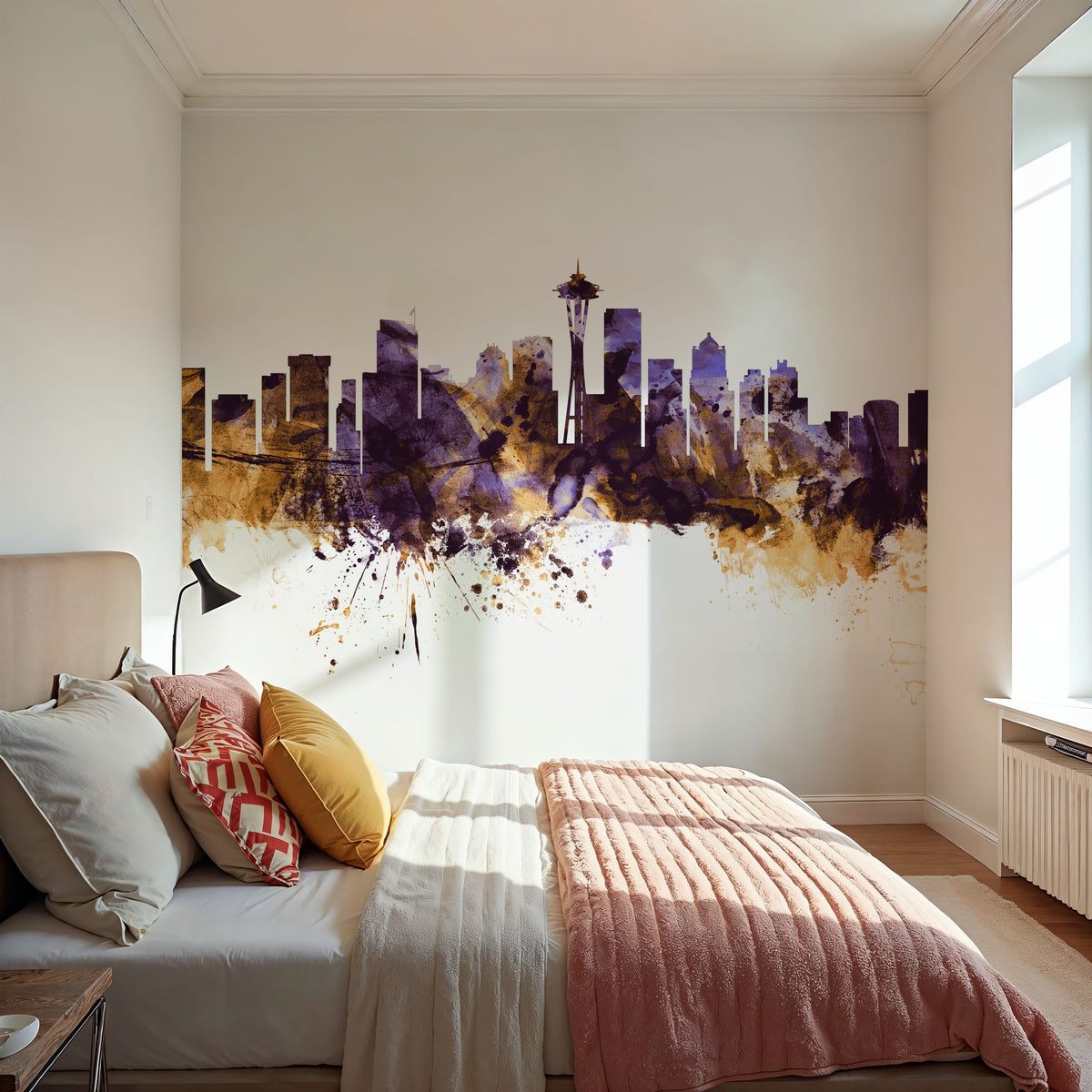 Seattle Skyline Purple & Gold Mural Wallpaper - room preview 06