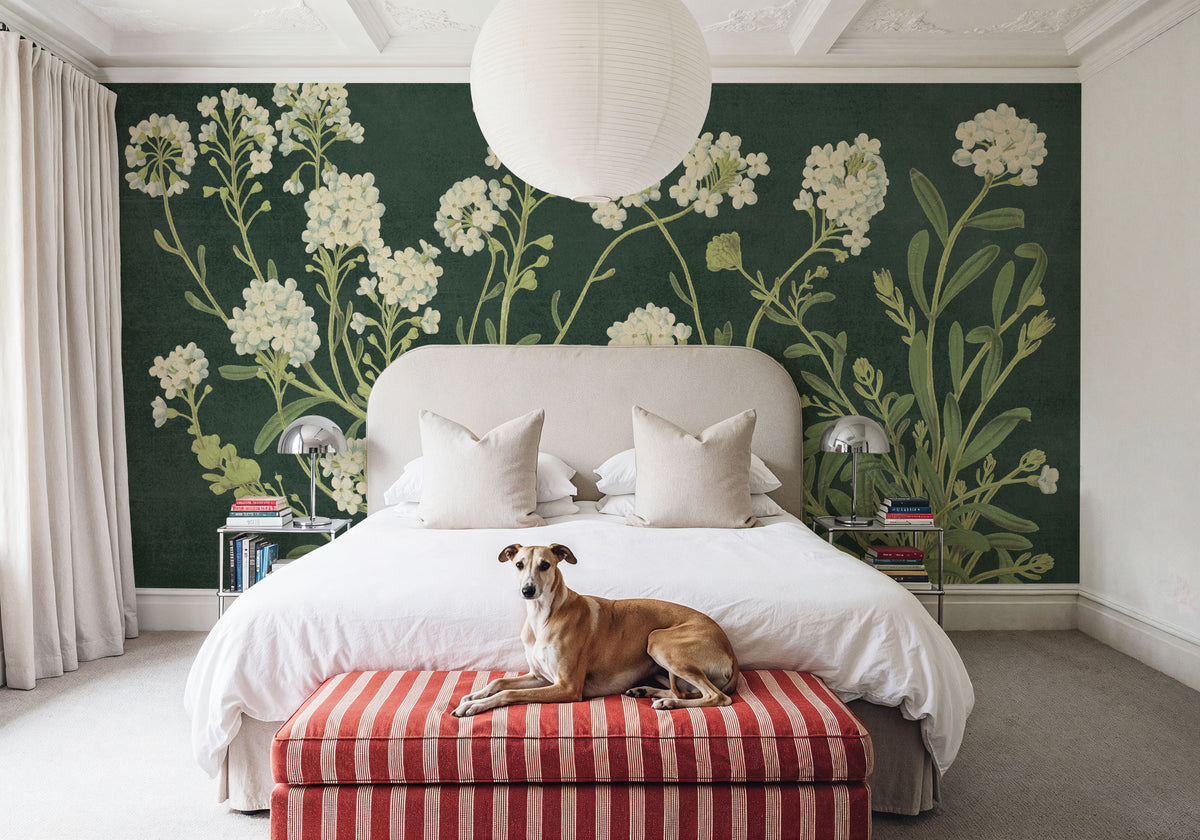 Vintage Flowers on Green Mural Wallpaper - room preview 06