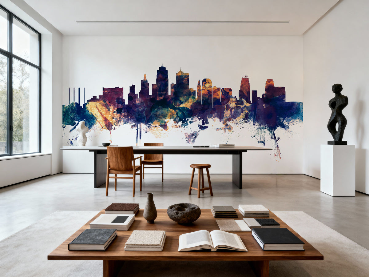 Kansas City Missouri Skyline Blue & Bronze Mural Wallpaper - room preview 06