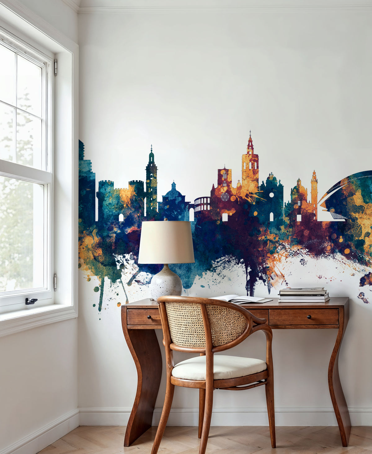 Valencia Spain Skyline Blue & Bronze Mural Wallpaper - room preview 06