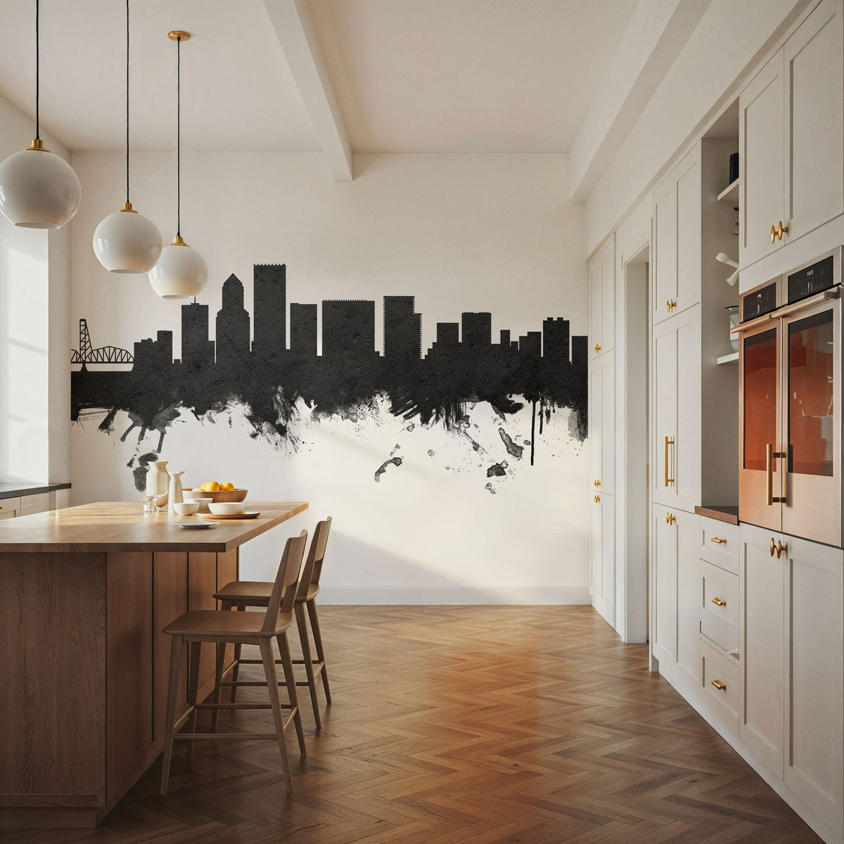 Portland Oregon Skyline Black & White Mural Wallpaper - room preview 06