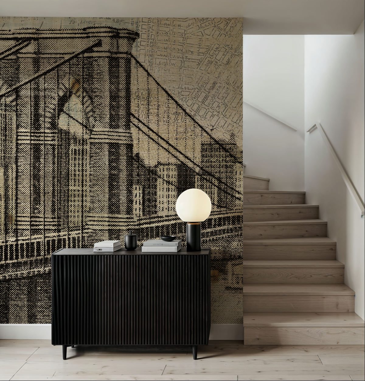 Vintage NY Brooklyn Bridge Skyline Mural Wallpaper - room preview 06
