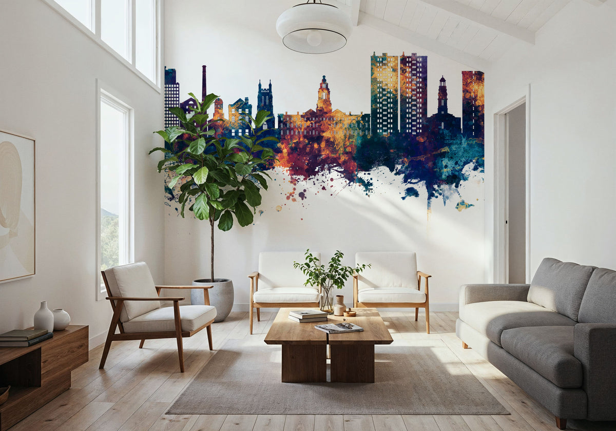 Stockport England Skyline Blue & Bronze Mural Wallpaper - room preview 06