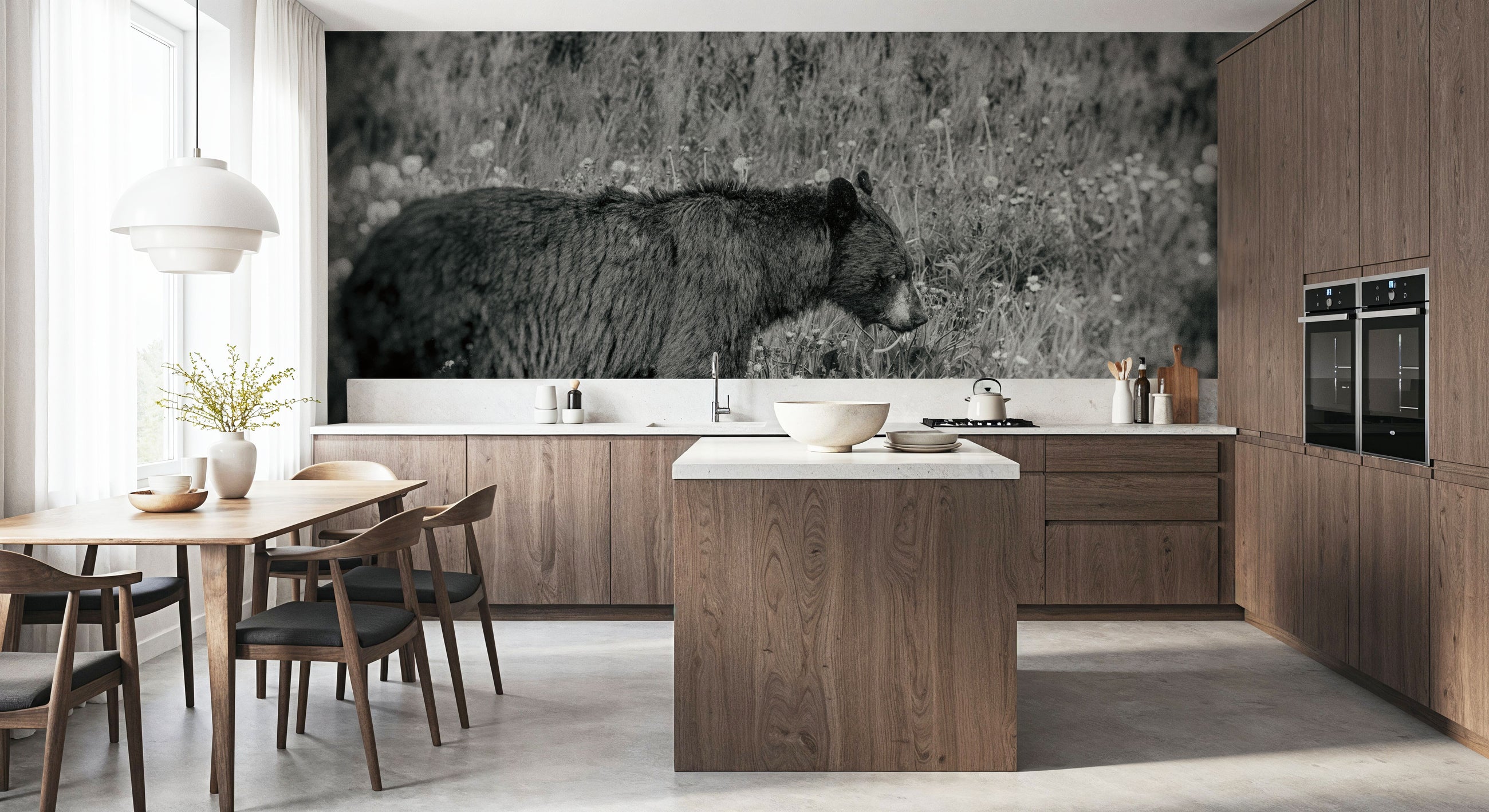 Black Bear Meadow BW Mural Wallpaper