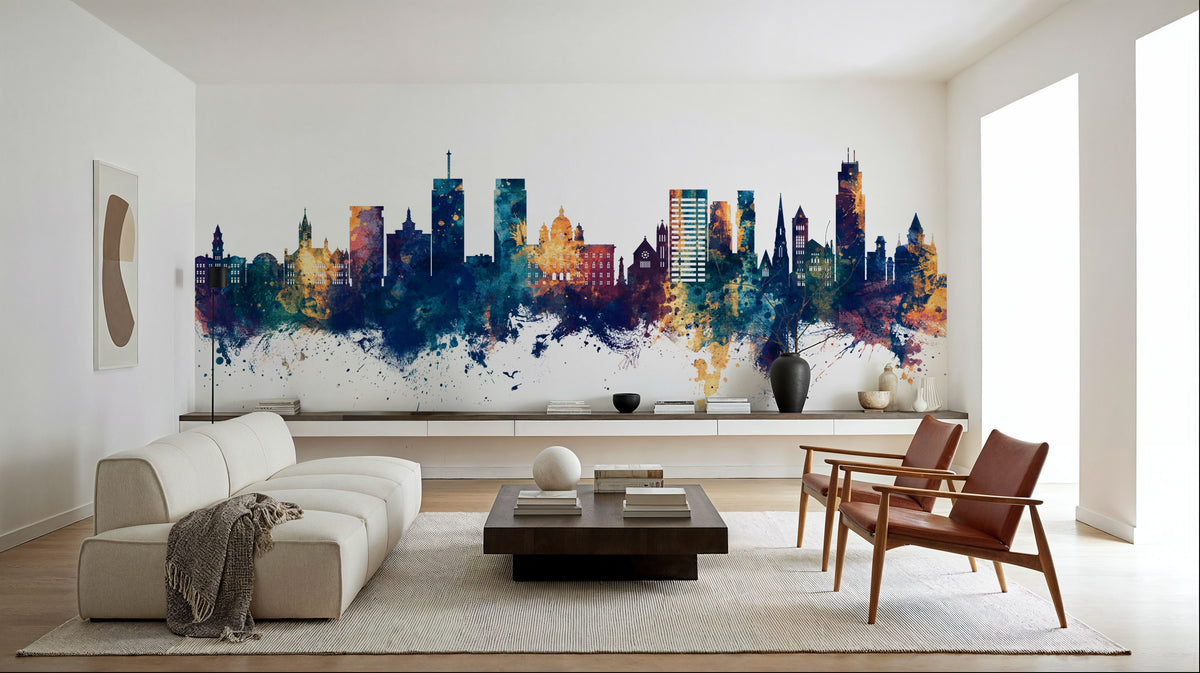 Syracuse New York Skyline Blue & Bronze Mural Wallpaper - room preview 06