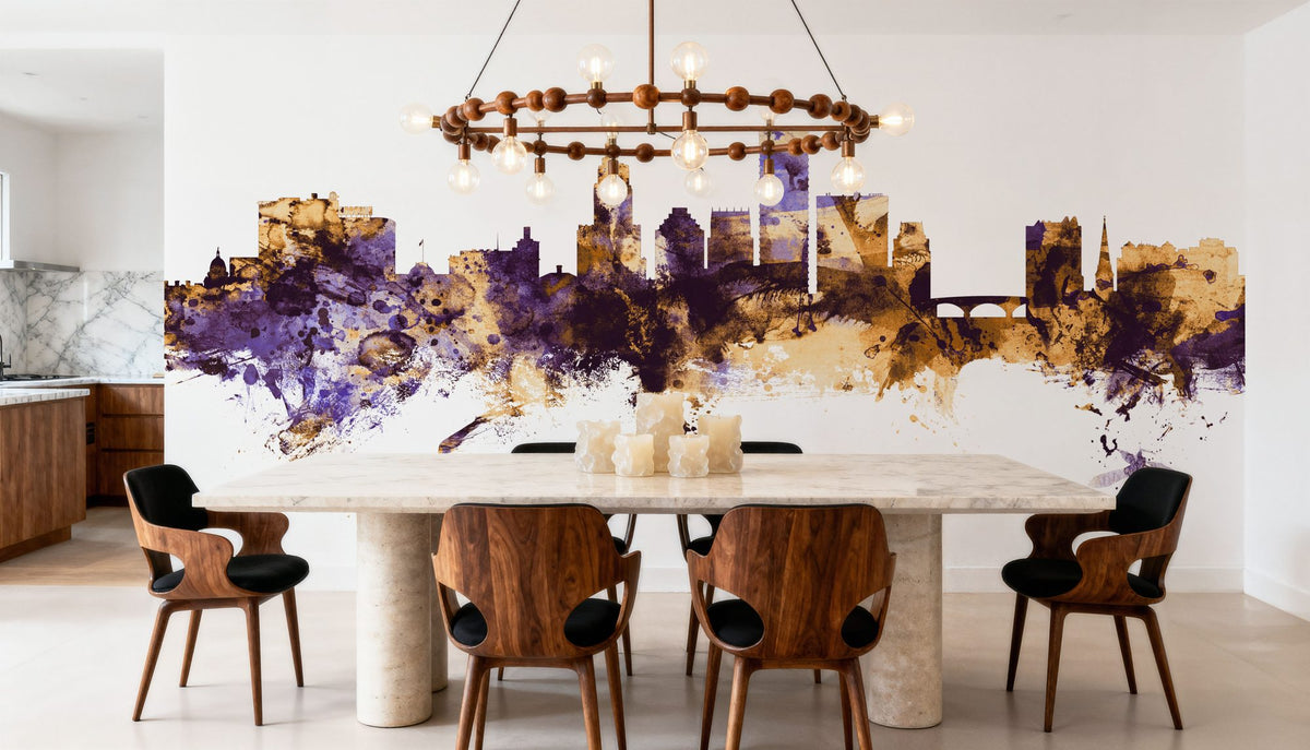 Providence Rhode Island Skyline Purple & Gold Mural Wallpaper - room preview 06