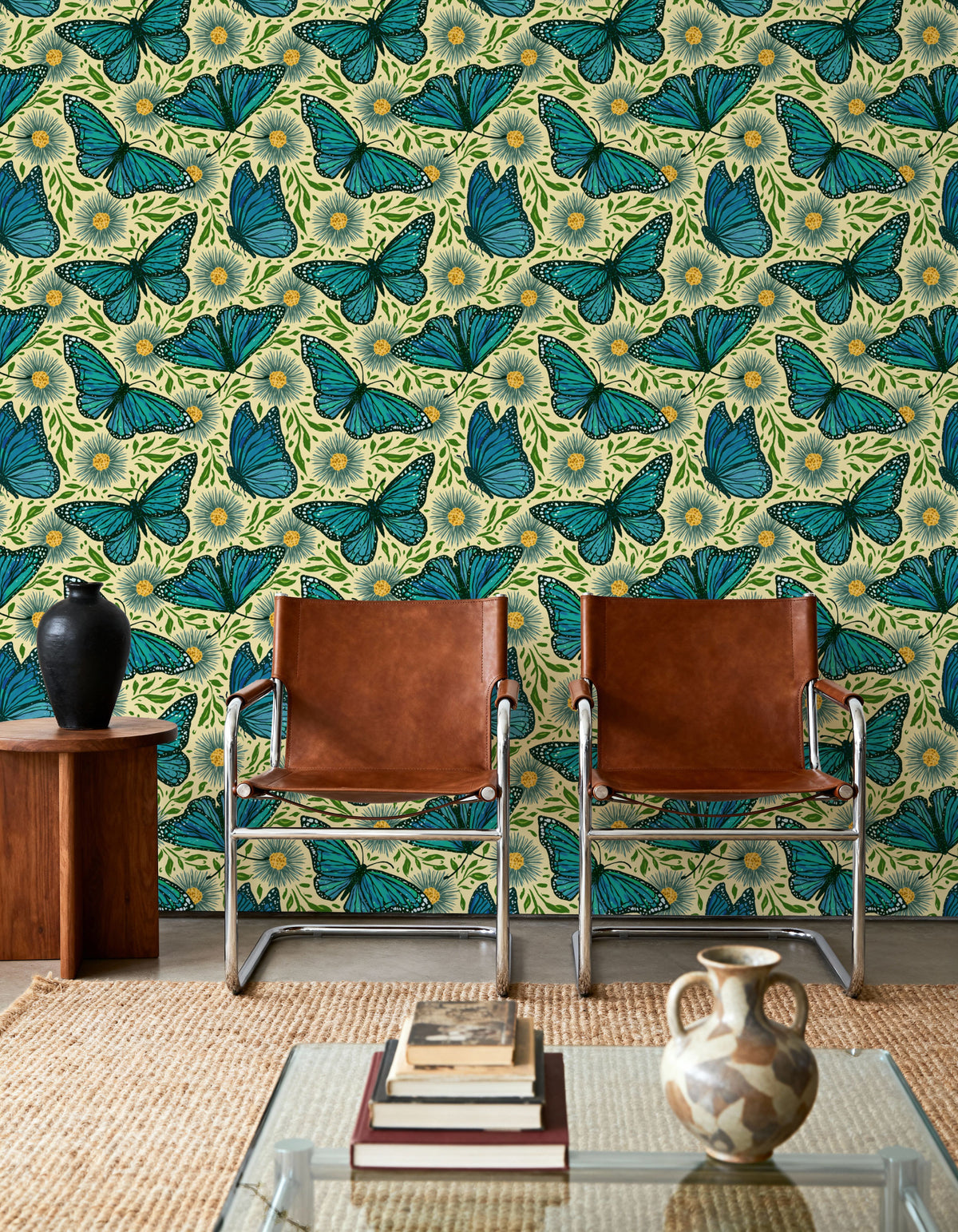Papillion II, Aqua on Cream Mural Wallpaper - room preview 06