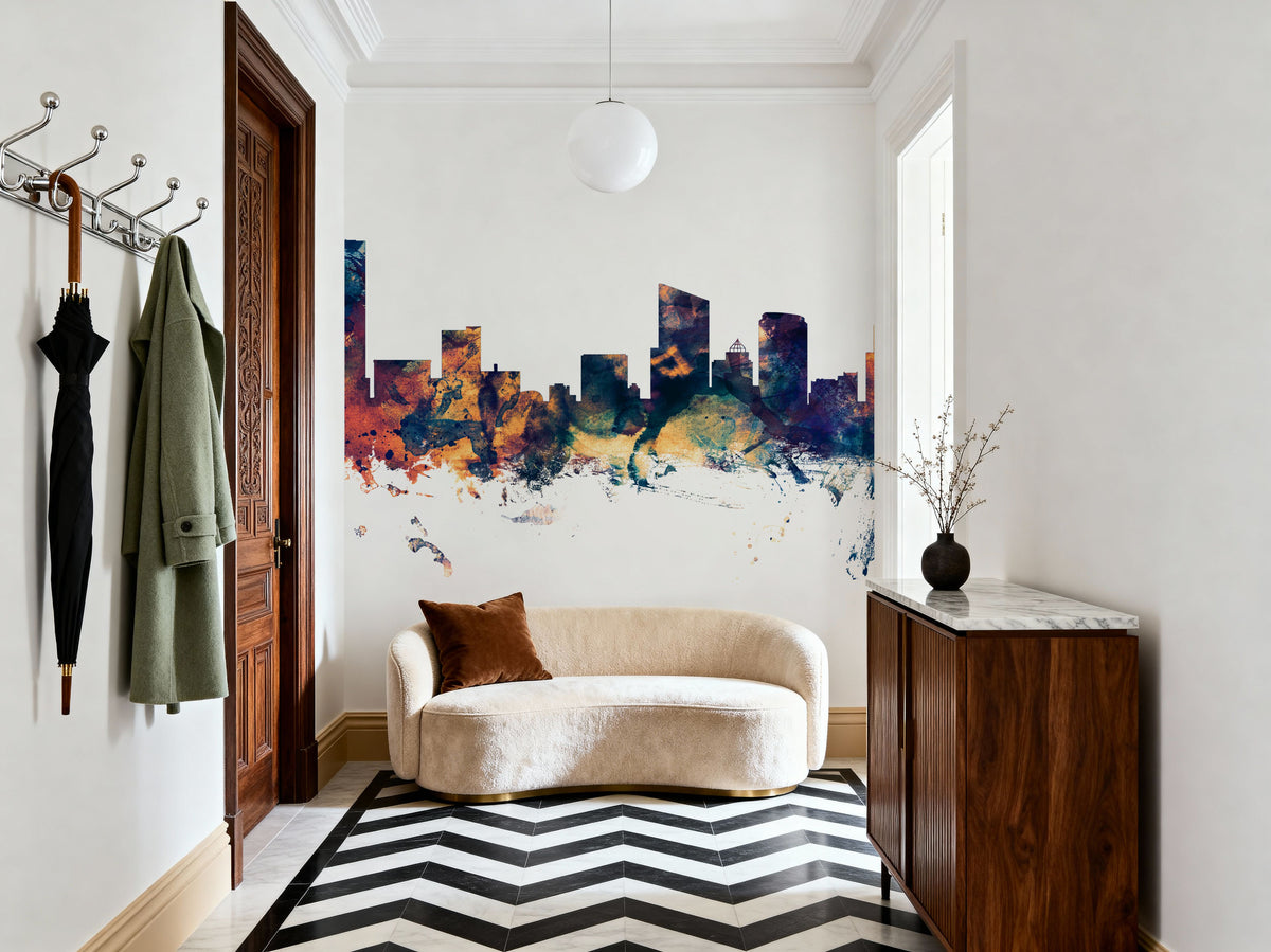 Grand Rapids Michigan Skyline Blue & Bronze Mural Wallpaper - room preview 06